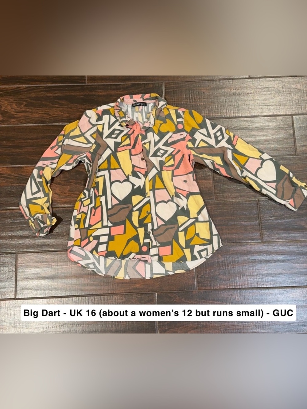 Big Dart Abstract Geometric Print Button Up Viscose Blouse Womens Size UK 16